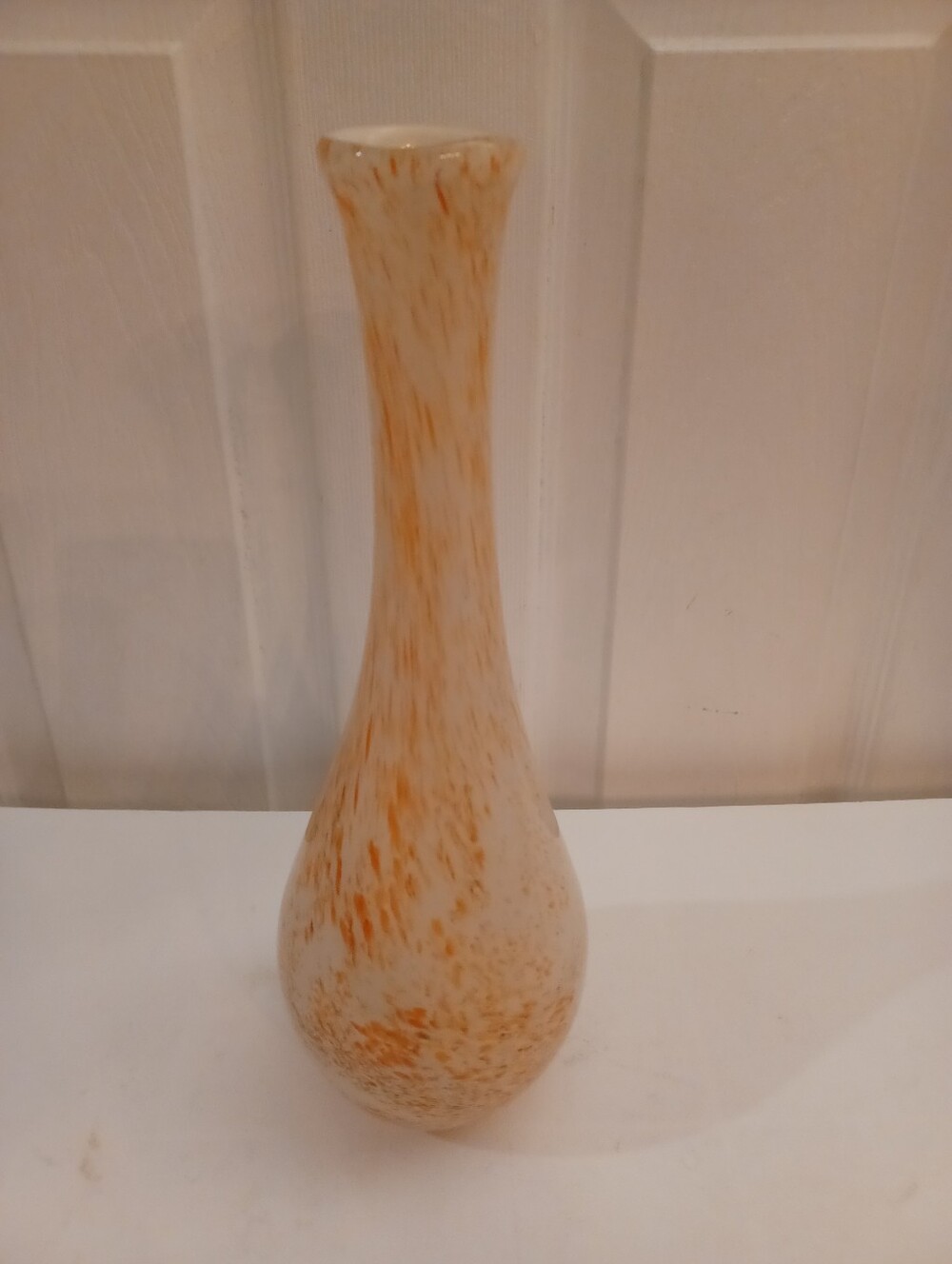 Vintage MCM Orange White Confetti Spatter Swung Art Glass Bud Vase 12.5"